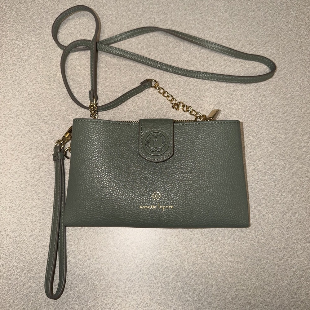 Nanette Lepore Sage Green Crossbody Purse Chain Strap Wallet Bag Pebbled NWOT